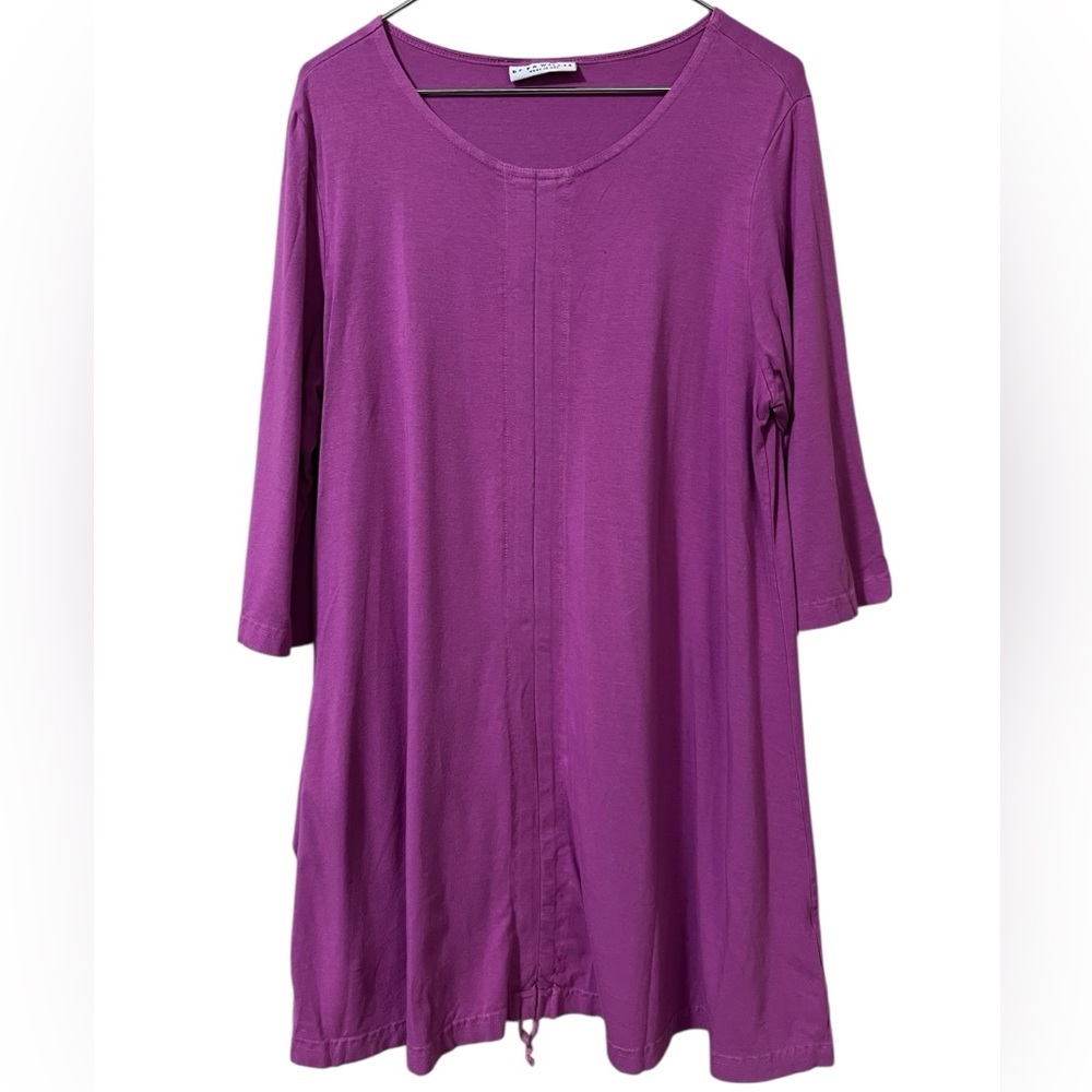 Bryn Walker purple scoop neck cinched front 1/2 sleeve bamboo cotton tunic dress